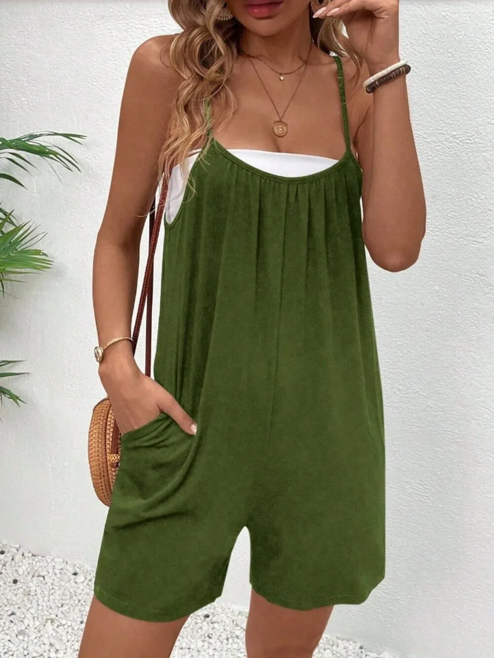 Green Casual Women's Spaghetti Strap Romper Short